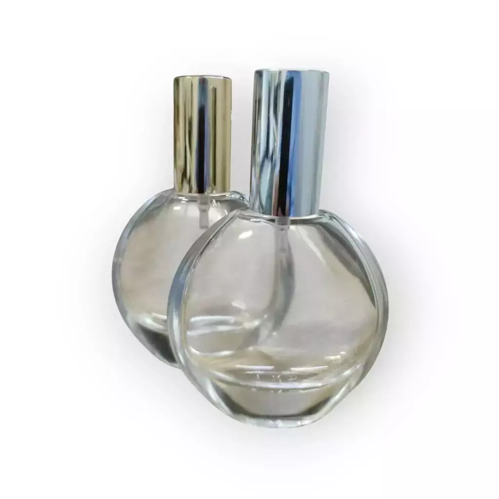 Vidro Perfume Oval 60 ml com Válvula Spray Luxo Prata/Ouro com Tampa Total
