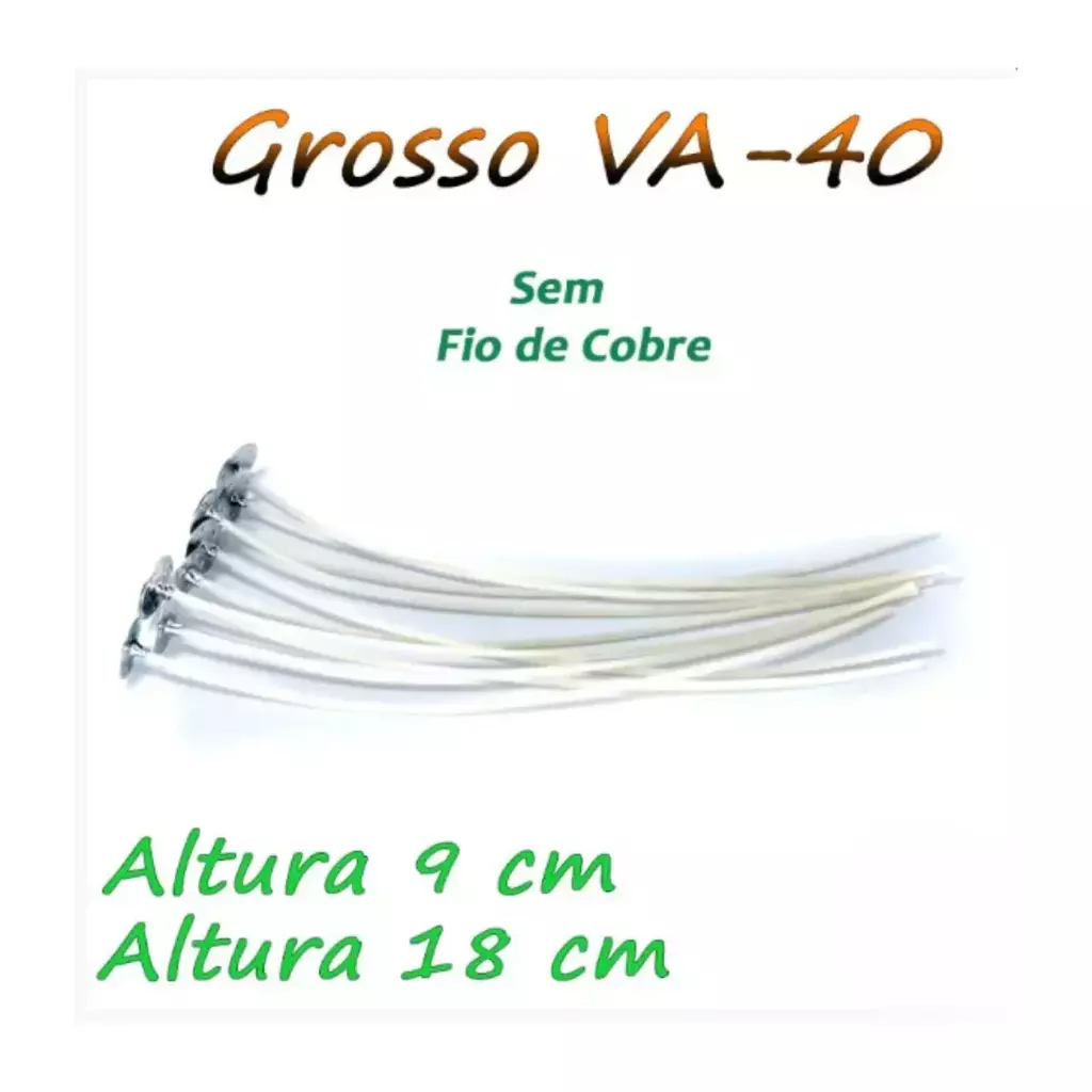 Pavio Parafinado Grosso VA-40 - Sem Fio de Cobre - Pacote com 10 unidades
